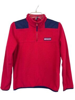 Vineyard Vines Sweater Boy's L/16 Quarter Zip Fleece Pullover Red Navy Preppy